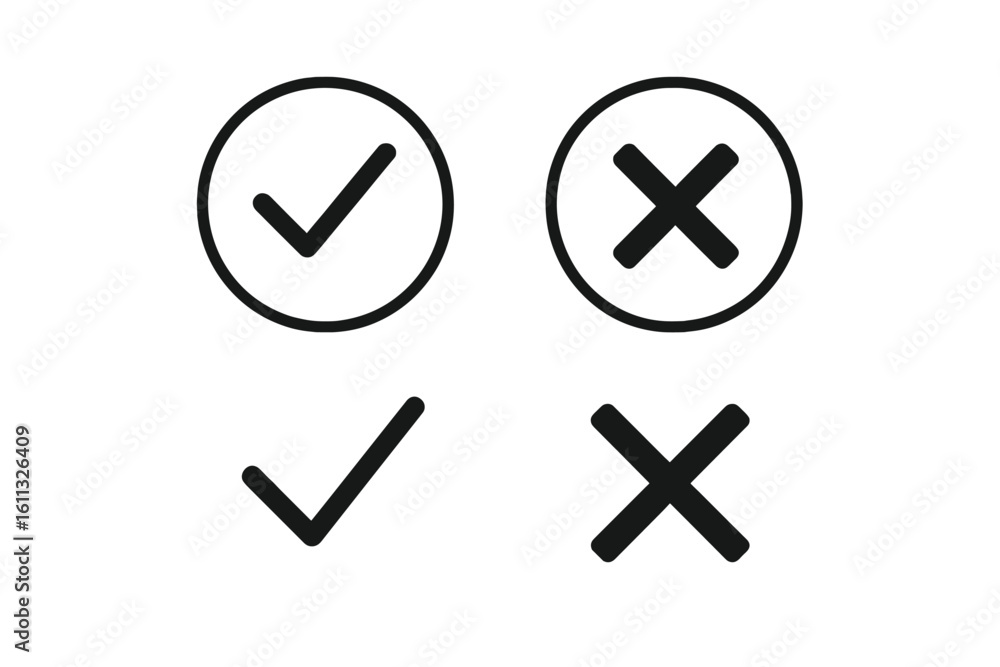 Poster check mark and cross icon set isolated. tick and x symbols in circles. yes and no signs for approval