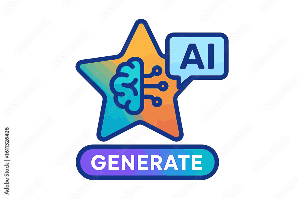 Poster artificial intelligence generation concept. ai star logo with brain symbol and generate button. onli