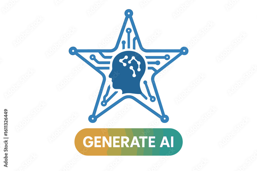 Poster generate ai concept with star logo. artificial intelligence online tool icon. human head with neural