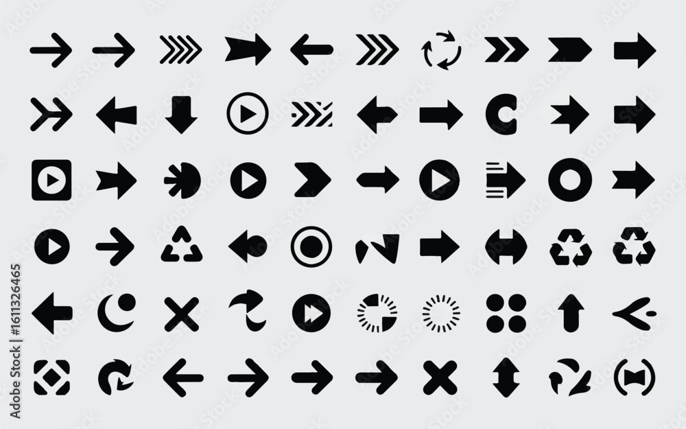 Poster diverse set of black flat arrow icons for ui design, navigation, and web applications. directional s