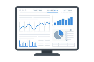 Data analytics dashboard on computer screen. Business intelligence report with graphs and charts for monitoring performance. Financial statistics and information analysis concept.