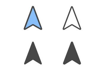Pointer arrow icon set for navigation and map direction. GPS location symbol. Vector cursor collection in colored fill, outline, and solid styles. Editable stroke.
