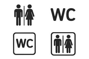 WC toilet restroom sign vector icon set. Man and woman symbol. Public bathroom pictogram. Male and female gender silhouette for lavatory door. Black flat illustration isolated.
