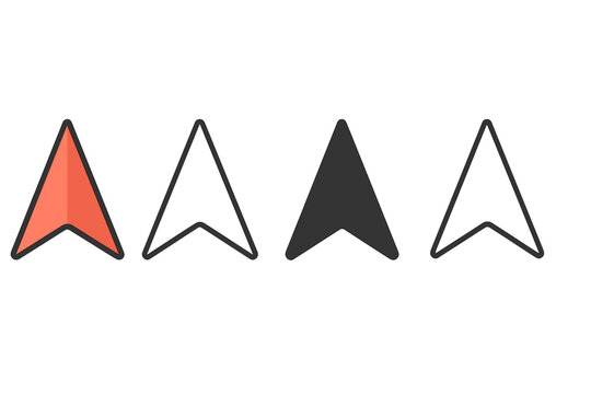 Set of pointer icons for navigation and maps. GPS location pin, cursor arrow symbol for web design and app UI. Vector illustration in color, solid, and outline styles.