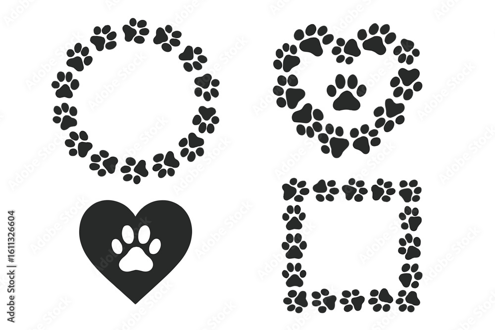 Poster paw print frames vector set. dog and cat paw track borders in circle, heart, square shapes. animal l