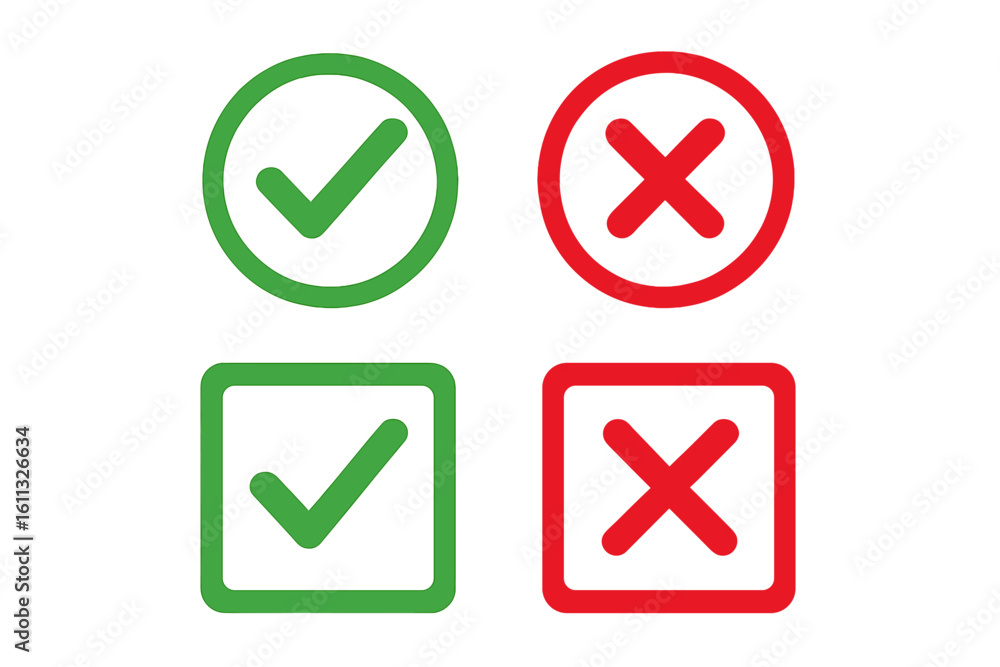 Poster green check mark and red cross icon set. yes and no signs. approve and reject symbols in circle and 