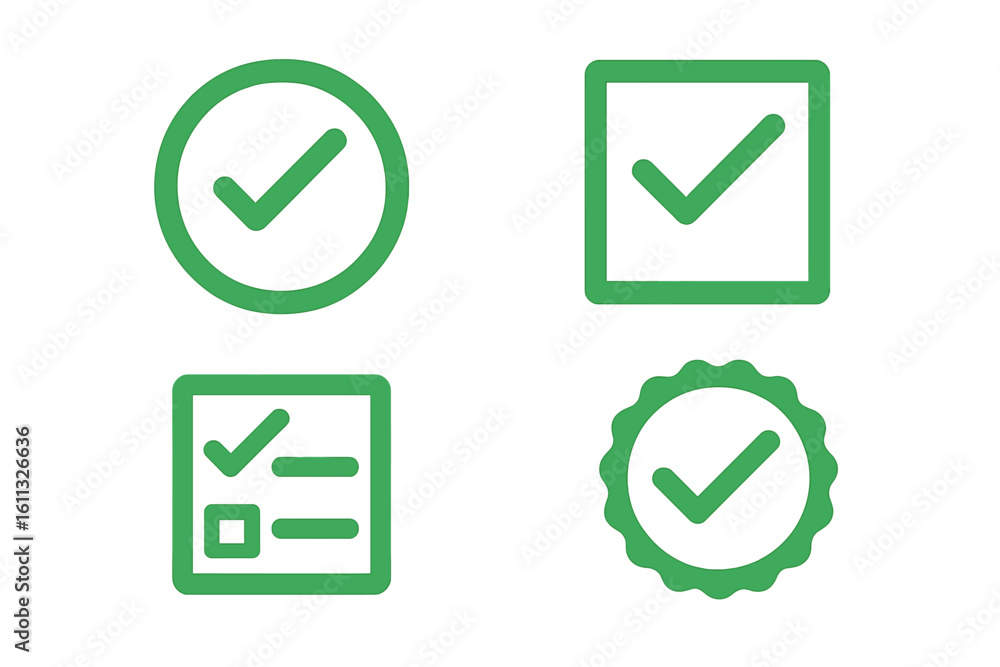 Poster green check mark icon set for approval and success. correct tick symbol collection in circle, square