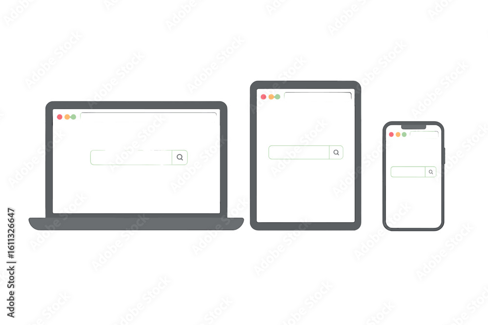 Poster browser window mockup on laptop, tablet, and smartphone. web page frame template for responsive desi