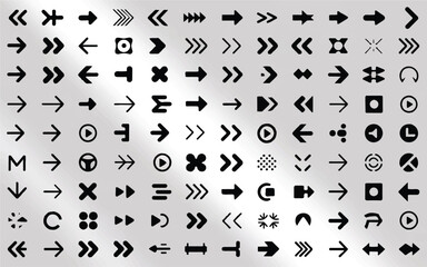 A large collection of flat black arrow icons for navigation, direction, and user interface design.