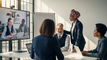 Diverse Business Professionals in Hybrid Meeting: Team Collaborates with Remote Colleagues via Video Conference in Modern Office Setting - Powered by Adobe