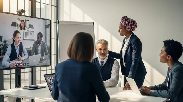 Diverse Business Professionals in Hybrid Meeting: Team Collaborates with Remote Colleagues via Video Conference in Modern Office Setting