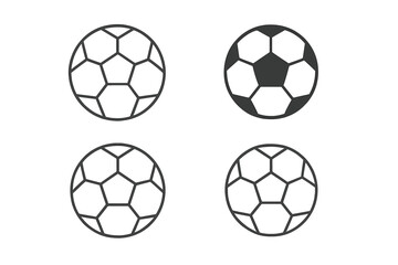 Soccer ball icon set. Football sport symbol collection. Line art outline and solid glyph style. Vector graphic element for game, match, or championship logo design.