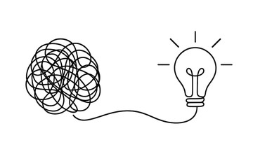 Simplifying the complex, chaos to clarity. Continuous line art of a tangled mess becoming a light bulb. Metaphor for problem solving, innovation, business solution and ideas.