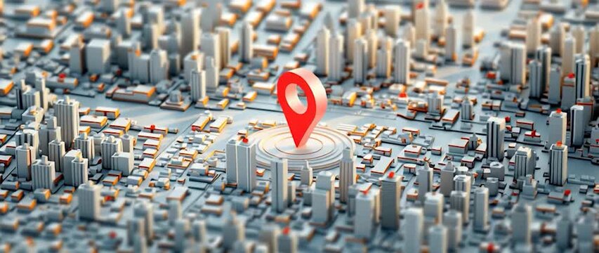 Anamorphic video 3D render animation of a location pin marker placed in the center of a stylized modern city. Symbolizing navigation, GPS, mapping, location services