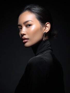 Elegant assian woman in black with glowing skin and dramatic lighting