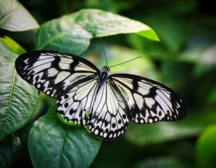 Naklejka premium beautiful black and white butterfly resting on green leaves