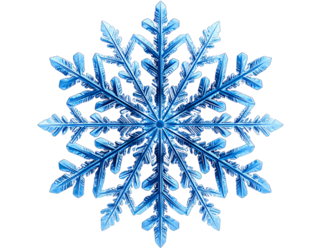 Intricate Icy Blue Snowflake with Crystal Edges, Front View, Transparent Background