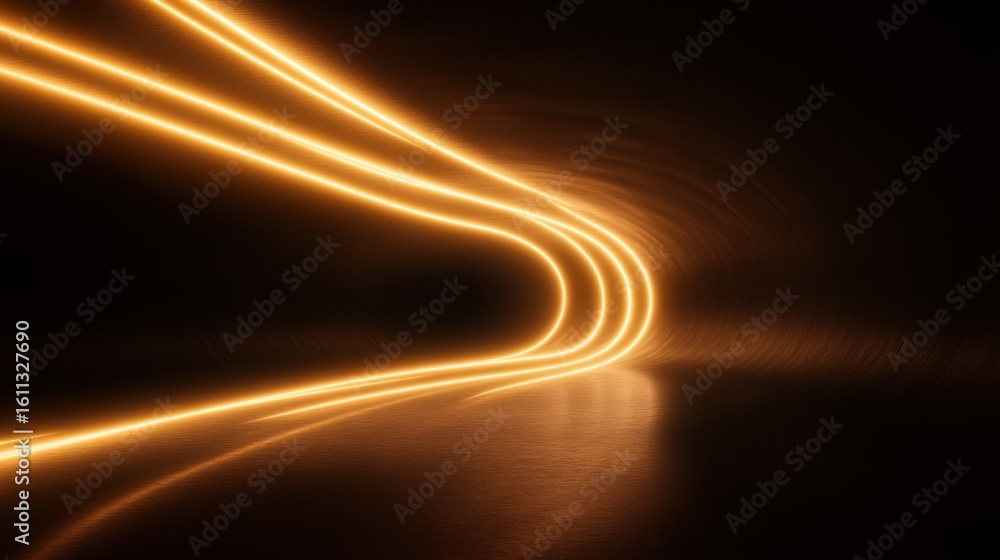 Poster glowing yellow light trails in dark tunnel creating a mesmerizing curve