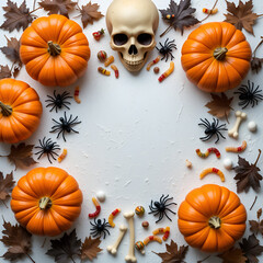 Top-down Halloween flat lay featuring pumpkins, skull, gummy worms, plastic spiders, fake bones, eyeballs, candy, and dry leaves arranged on a textured white plaster background for festive framing.