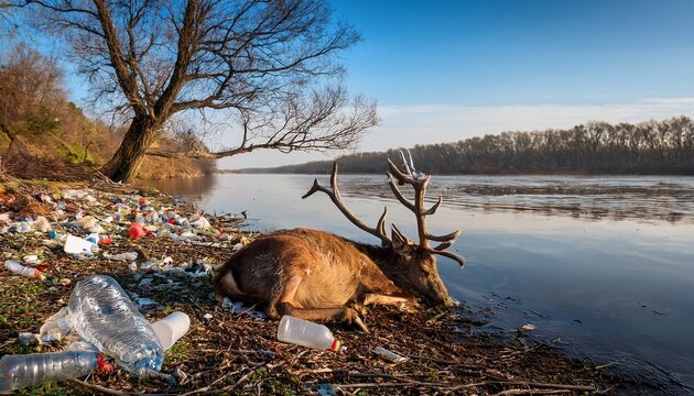 dead deer lying on river bank full of plastic trash near bare tree