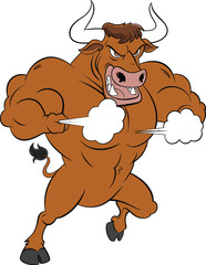 Strong cartoon bull flexing muscles, angry expression, powerful pose, smoke from nose, mascot style, vector illustration, muscular animal character