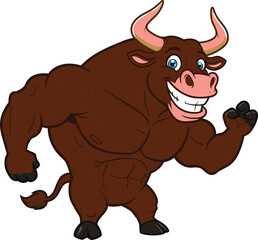 Strong muscular cartoon bull character, flexing biceps, aggressive smile, powerful farm animal mascot, vector illustration, fitness bull, animated animal art