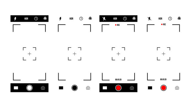 Camera interface in phone screen. Photo, video ui in cellphone. App for record from mobile cam.  Smartphone mockup for photography.