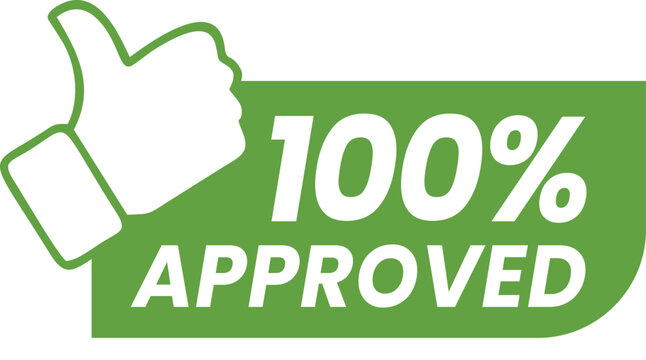 100% Approved Green Vector Badge with Thumbs Up Icon, eco friendly sign, thumbs up approval success concept, professional, like hand, symbol of approved, pro illustration, Trust and Quality 