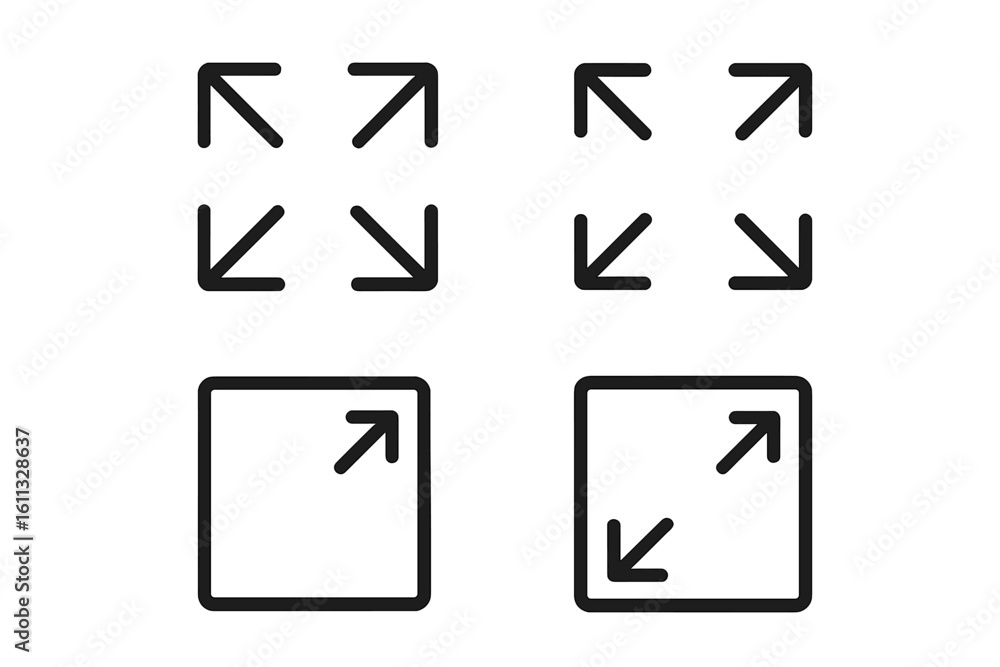 Poster full screen and exit full screen icon set. maximize, minimize, and resize line arrows sign. ui, ux s