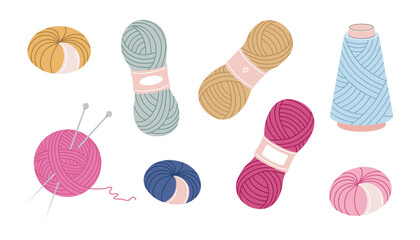 Collection of Colorful Yarn Balls and Skeins in Flat Style