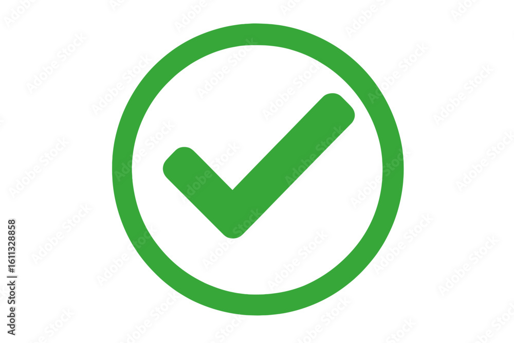 Poster green check mark icon. yes tick symbol in circle. approval button sign for correct choice and vote. 