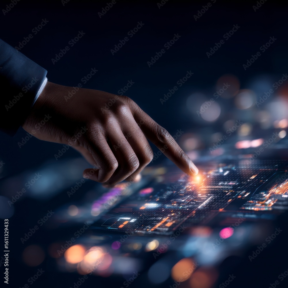 Poster a hand interacts with a futuristic digital interface, highlighting advanced technology and data visu