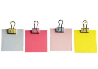 4 colourful sticky notes with a clip isolated on a transparent background