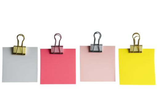 4 colourful sticky notes with a clip isolated on a transparent background