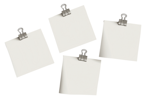 4 white sticky notes with a clip isolated on a transparent background