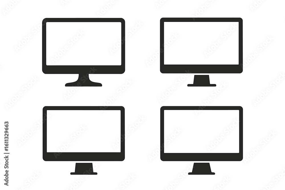 Poster modern computer monitor icons set. flat screen display devices. minimal desktop pc, technology displ