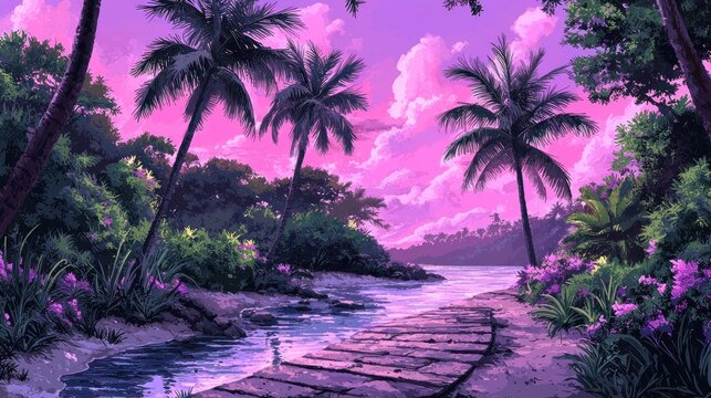 Pixelated view of tropical paradise at sunset - Powered by Adobe