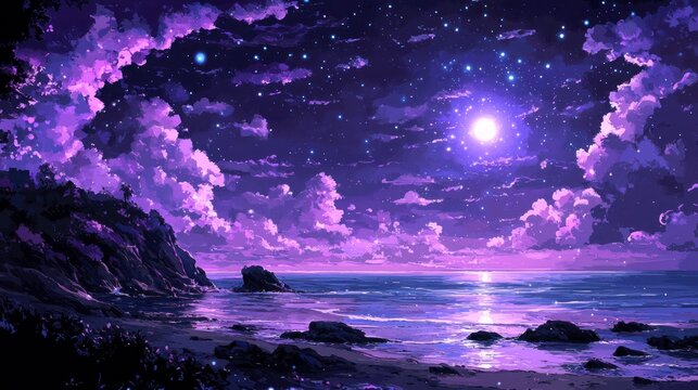 Pixelated shores under a starry purple sky