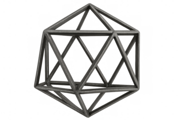 Metallic icosahedron rotating, revealing intricate geometric pattern, spinning against translucent backdrop