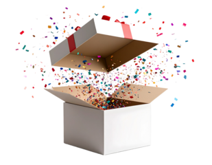 Open Gift Box with Lid Tilted and Confetti Bursting Out, Diagonal Angle, Transparent PNG