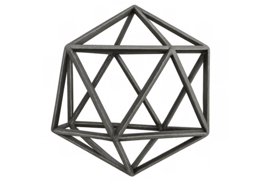 Metallic icosahedron rotating, revealing intricate geometric pattern, spinning against translucent backdrop