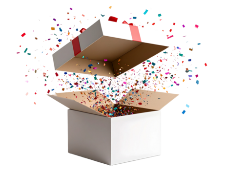Open Gift Box with Lid Tilted and Confetti Bursting Out, Diagonal Angle, Transparent PNG