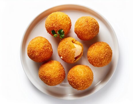 top down view of golden italian arancini rice balls white background crispy stuffed cheese and ragu perfect for culinary photography and food advertising cut out on isolated white background