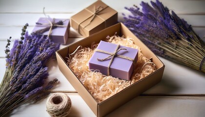 handmade lavender soaps packed in kraft boxes with shredded filler in a cozy workspace home based business handmade skincare small batch production eco friendly packaging