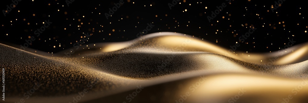 Poster shimmering gold waves and floating particles on a dark background