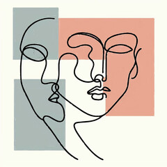 Minimalist line art portrait series abstract faces in monochrome continuous line art framed with bold color blocks