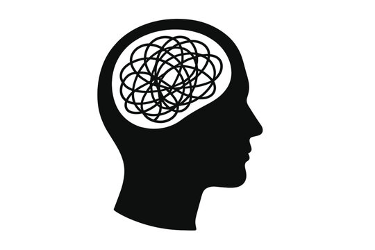 Mental health vector concept. Human head profile with tangled chaos line transforming into a clear thought. Psychology metaphor for problem solving, therapy, stress, finding focus.
