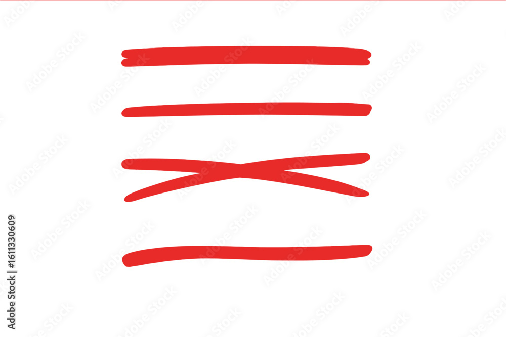 Poster hand drawn red highlight marker lines. underline and strikethrough strokes for editing and correctio