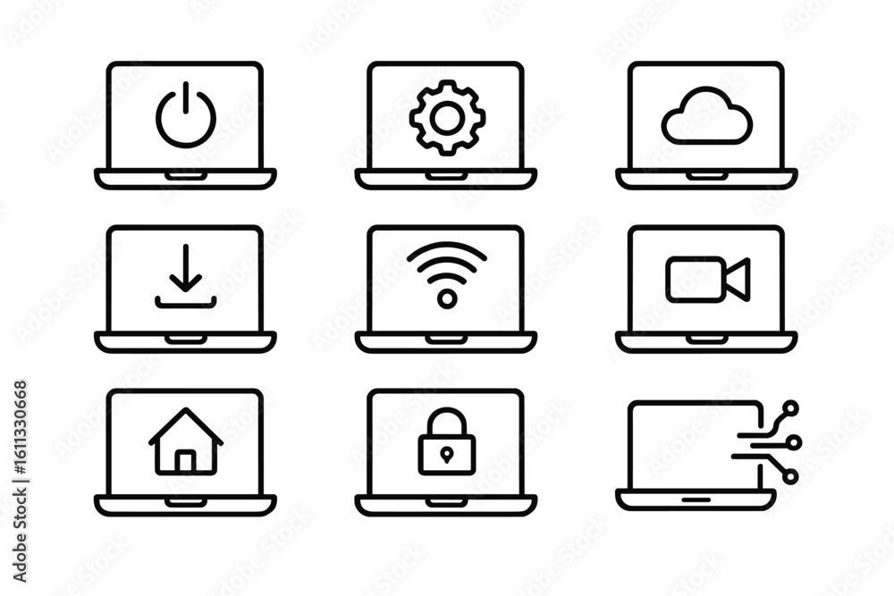 Poster laptop computer line icon set. ui ux technology symbols for web design. vector icons for power, sett