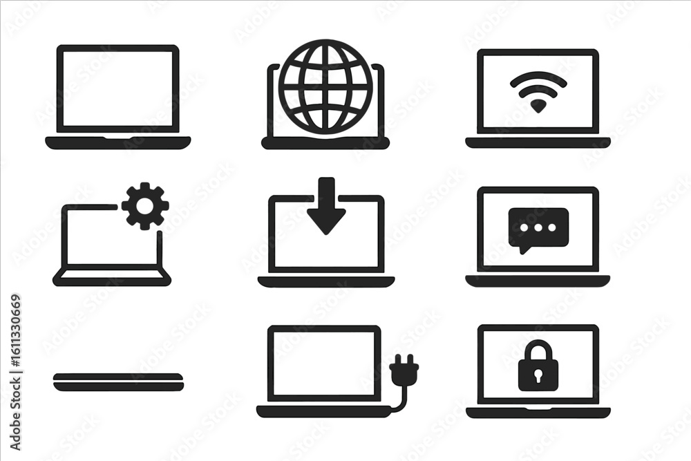 Aufkleber laptop computer technology vector icon set. notebook symbols collection with internet, wifi, downloa